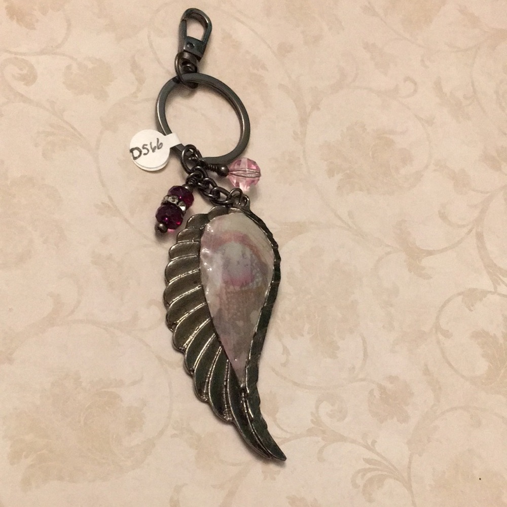 Wing / feather key chain purse charm gunmetal NWT Artisan gray pink lavender